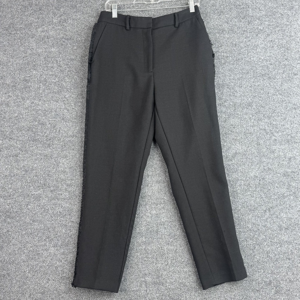 AllSaints Pants Womens 6 Black Maxine Wool Blend Fringe Trim Tailored Trousers